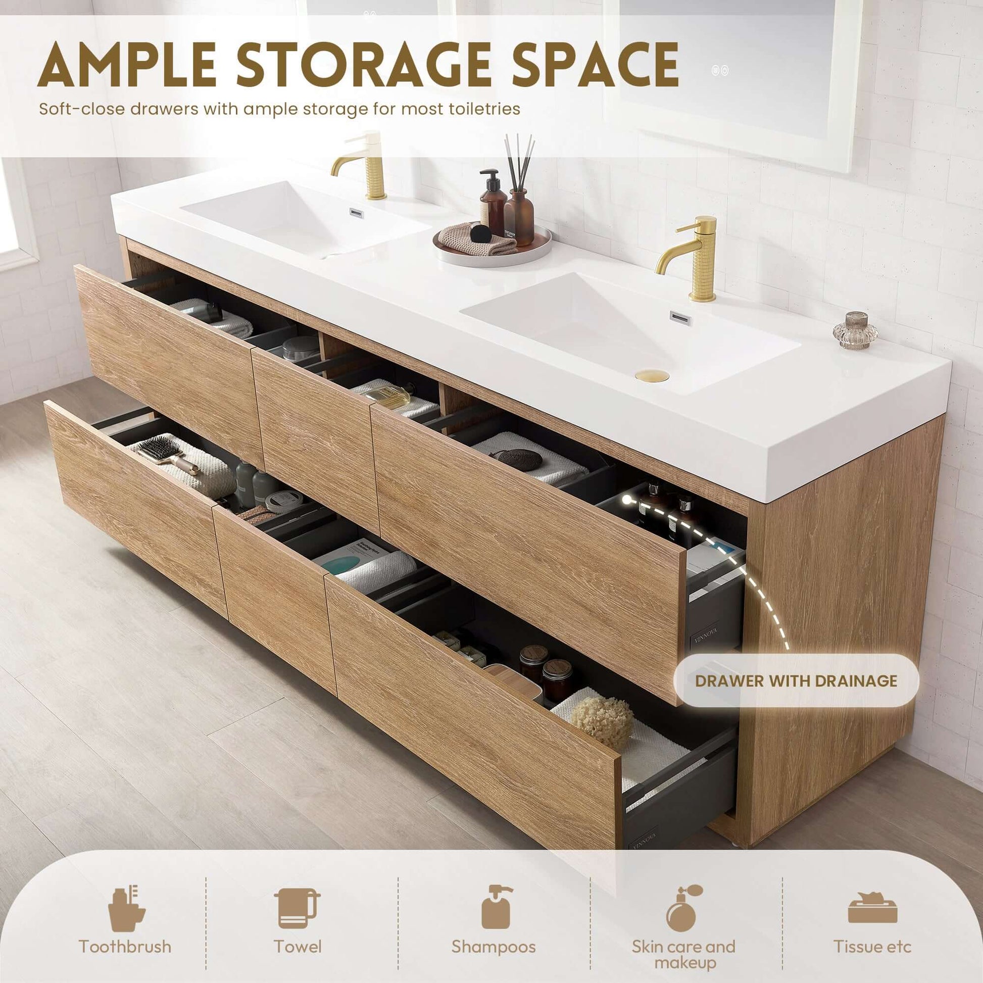 Vinnova, Huesca 84" Double Sink Bath Vanity in North American Oak with White Composite Integral Square Sink Top showcasing ample storage space.