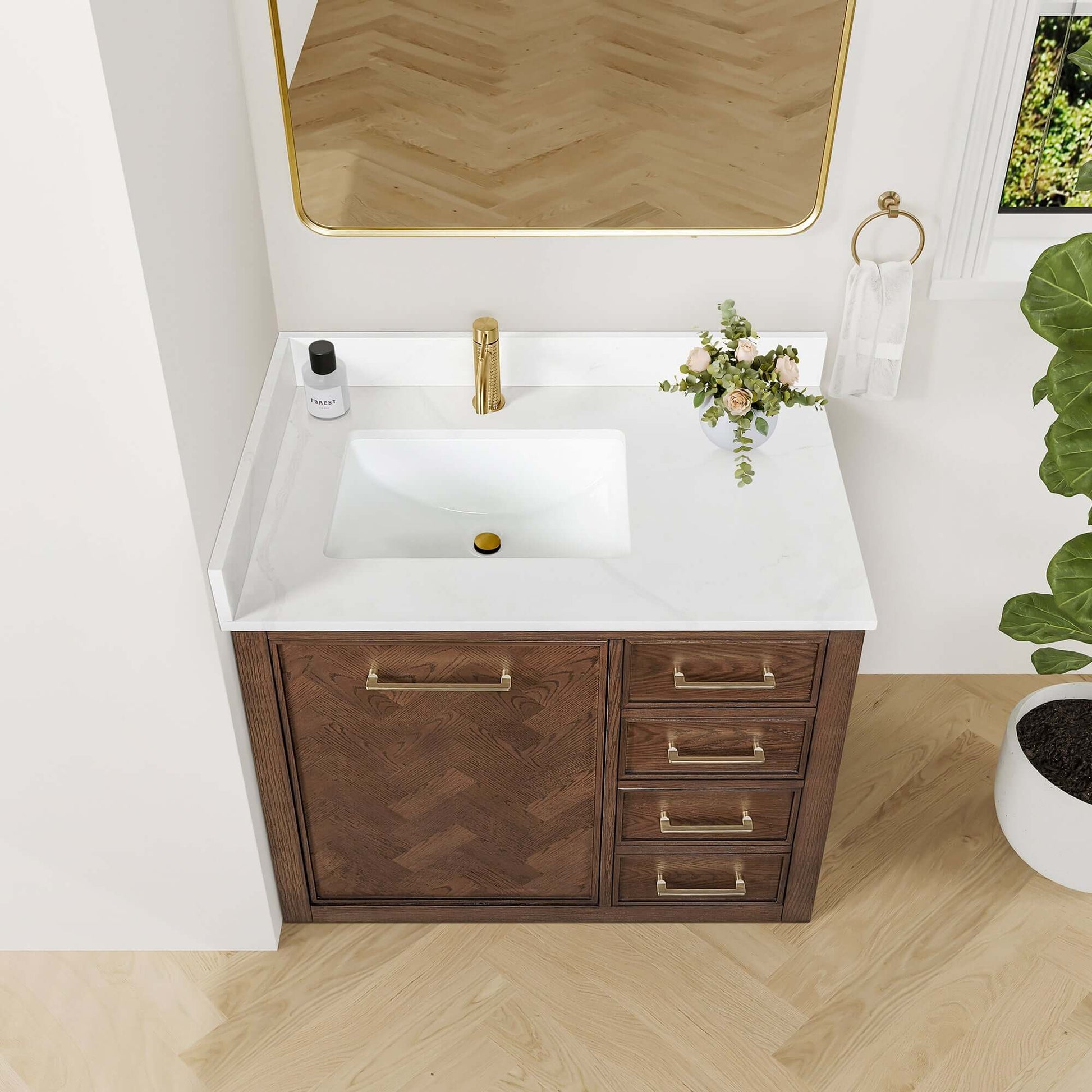 Vinnova, Jakarta 36" Freestanding Single Bath Vanity in Aged Dark Brown Oak with Silk White Quartz Stone Top in a modern bathroom setting