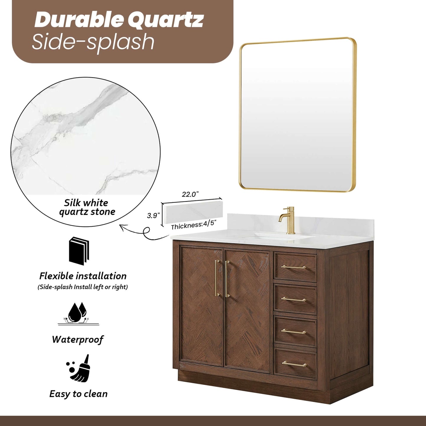Vinnova, Jakarta 42" Freestanding Single Bath Vanity in Aged Dark Brown Oak with Silk White Quartz Stone Top with features highlighted.