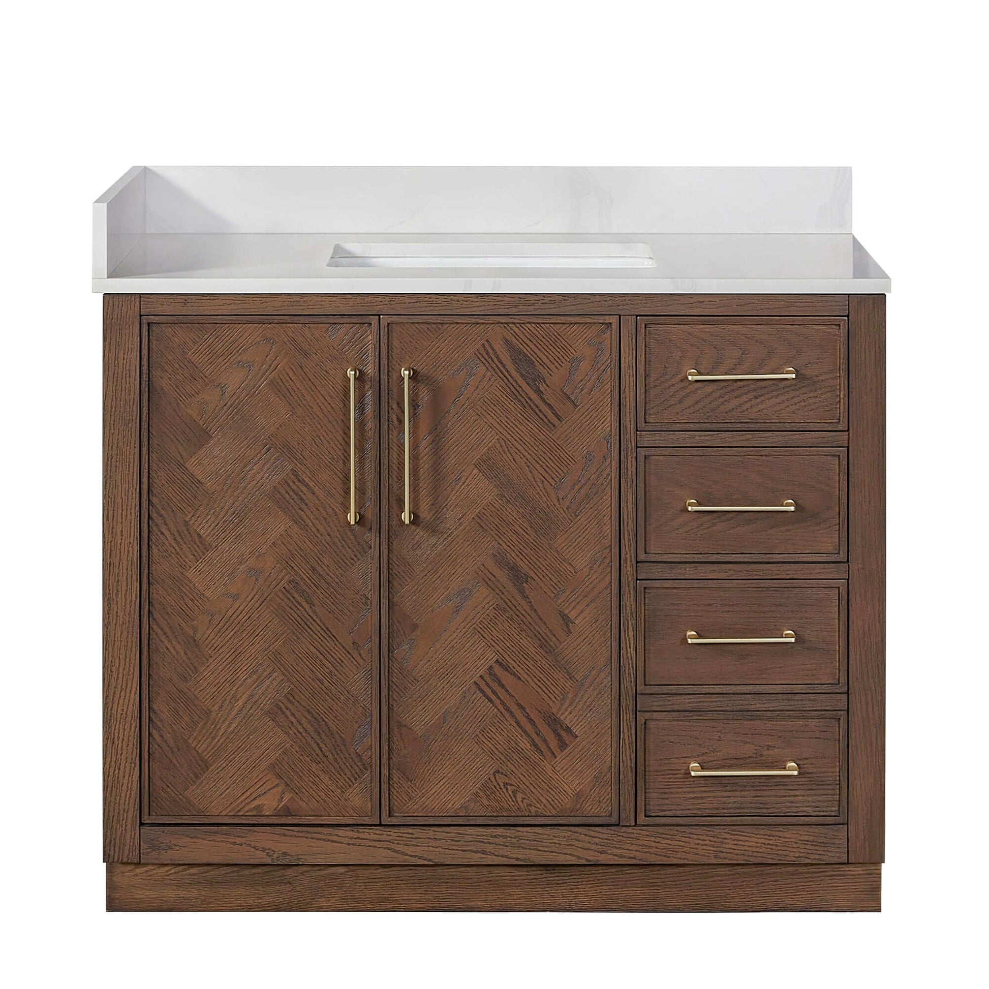 Vinnova, Jakarta 42" Freestanding Single Bath Vanity in Aged Dark Brown Oak with Silk White Quartz Stone Top - bathroom vanity