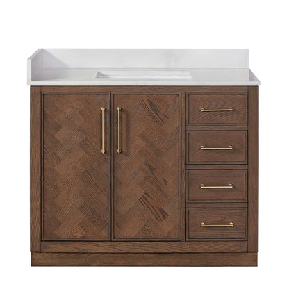 Vinnova, Jakarta 42" Freestanding Single Bath Vanity in Aged Dark Brown Oak with Silk White Quartz Stone Top - bathroom vanity