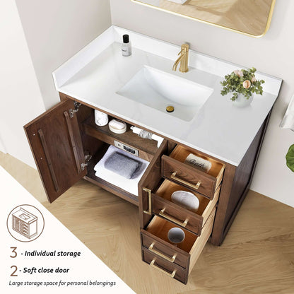 Vinnova, Jakarta 42" Freestanding Single Bath Vanity in Aged Dark Brown Oak with Silk White Quartz Stone Top in bathroom setting