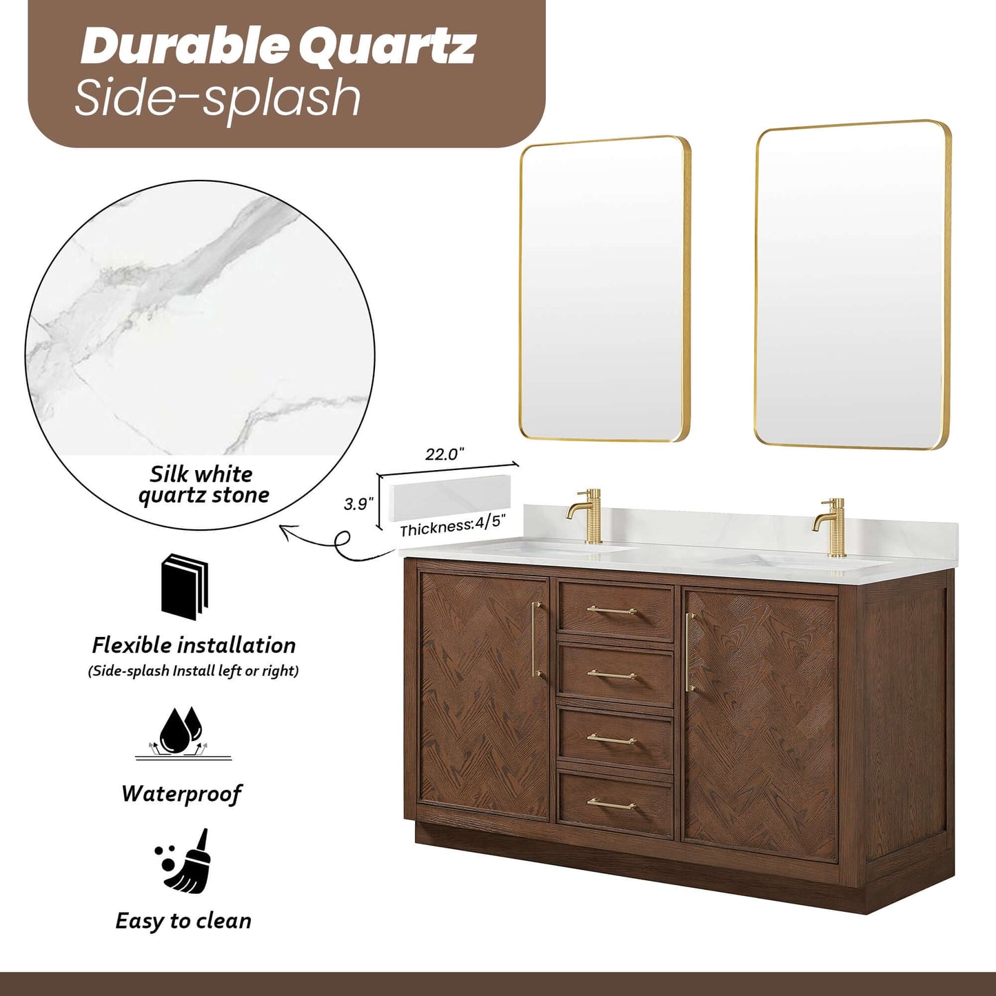 Vinnova, Jakarta 60M" Freestanding Double Bath Vanity in Aged Dark Brown Oak with Silk White Quartz Stone Top, waterproof, easy to clean