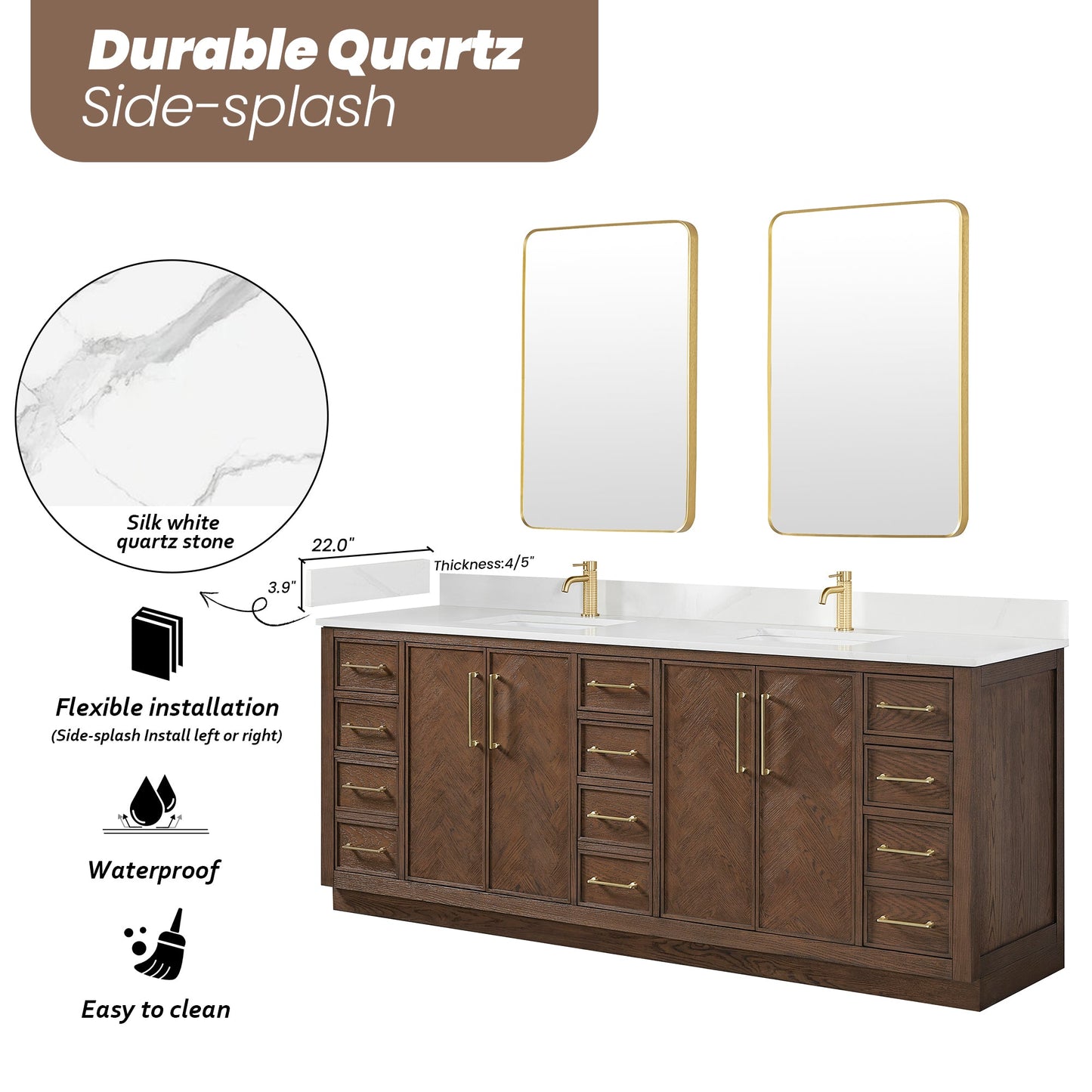 Vinnova, Jakarta 84" Freestanding Double Bath Vanity in Aged Dark Brown Oak with Silk White Quartz Stone Top showcasing features.