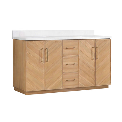 Vinnova, Karachi 60" Double Sink Bath Vanity in Acacia Classic Gray with White Grain Composite Stone Top for modern bathroom vanity