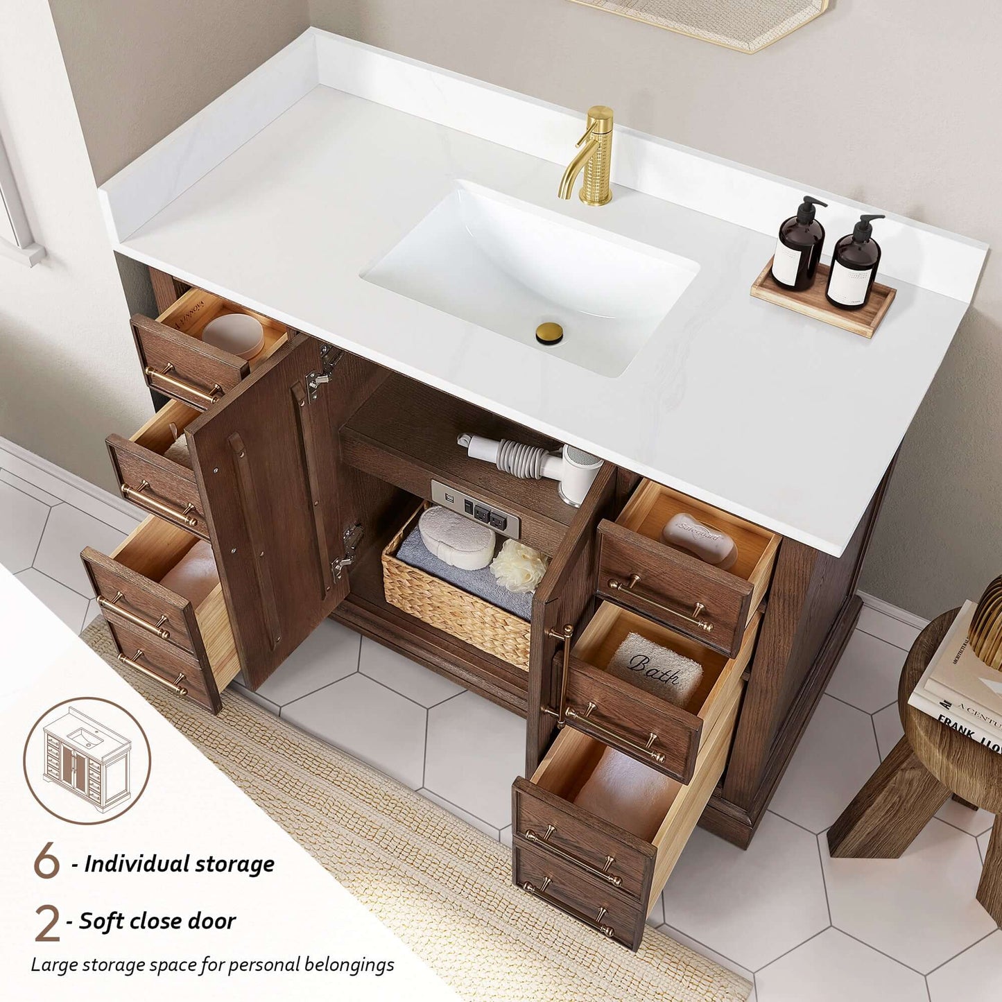 Vinnova, Tokyo 48" Freestanding Single Bath Vanity in Aged Dark Brown Oak with Silk White Quartz Stone Top, open storage view