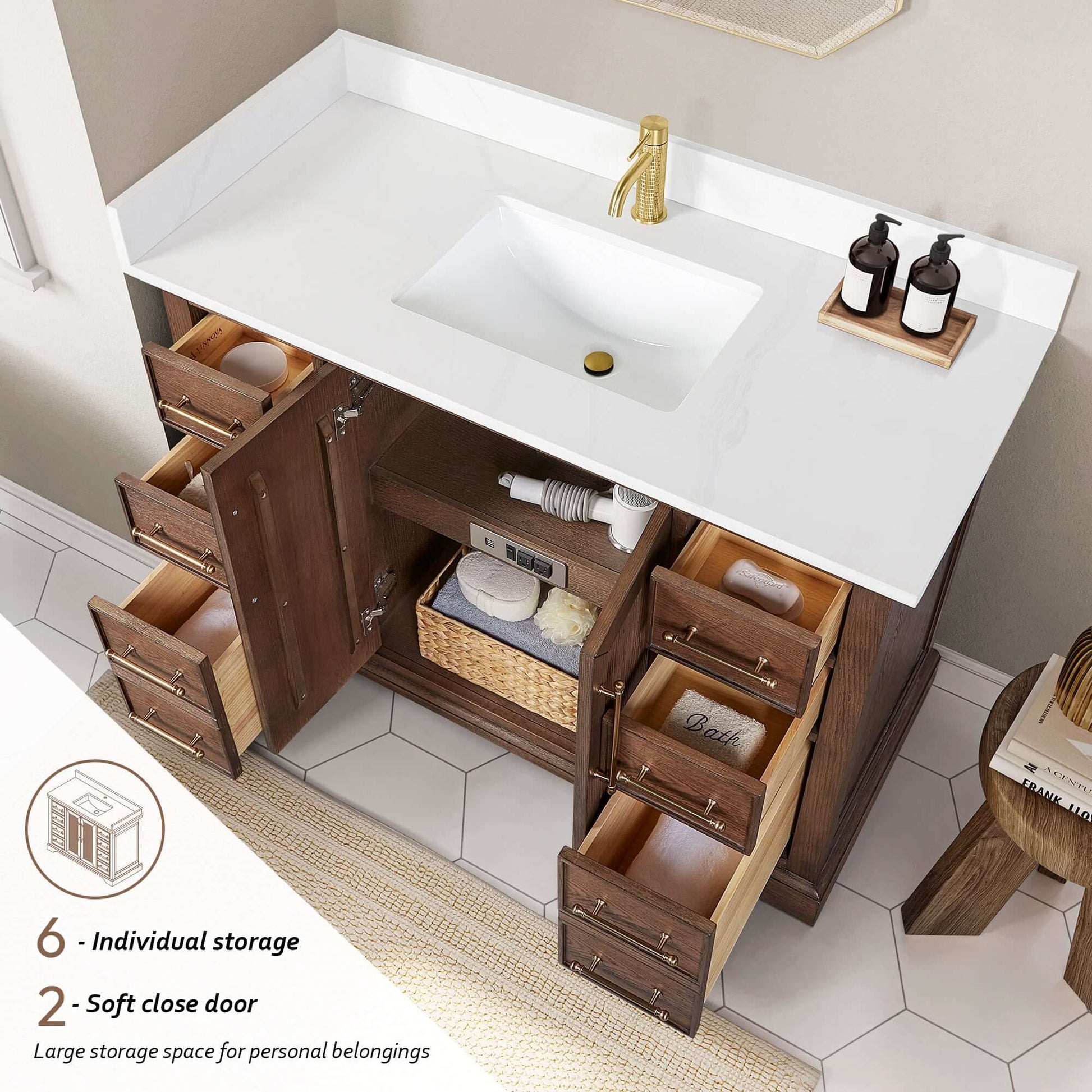 Vinnova, Tokyo 48" Freestanding Single Bath Vanity in Aged Dark Brown Oak with Silk White Quartz Stone Top, open storage view