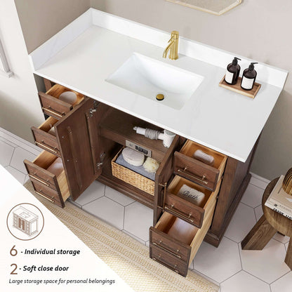 Vinnova, Tokyo 48" Freestanding Single Bath Vanity in Aged Dark Brown Oak with Silk White Quartz Stone Top, open storage view