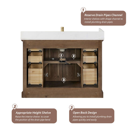 Interior view of Vinnova, Tokyo 48" Freestanding Single Bath Vanity in Aged Dark Brown Oak with Silk White Quartz Stone Top, highlighting features