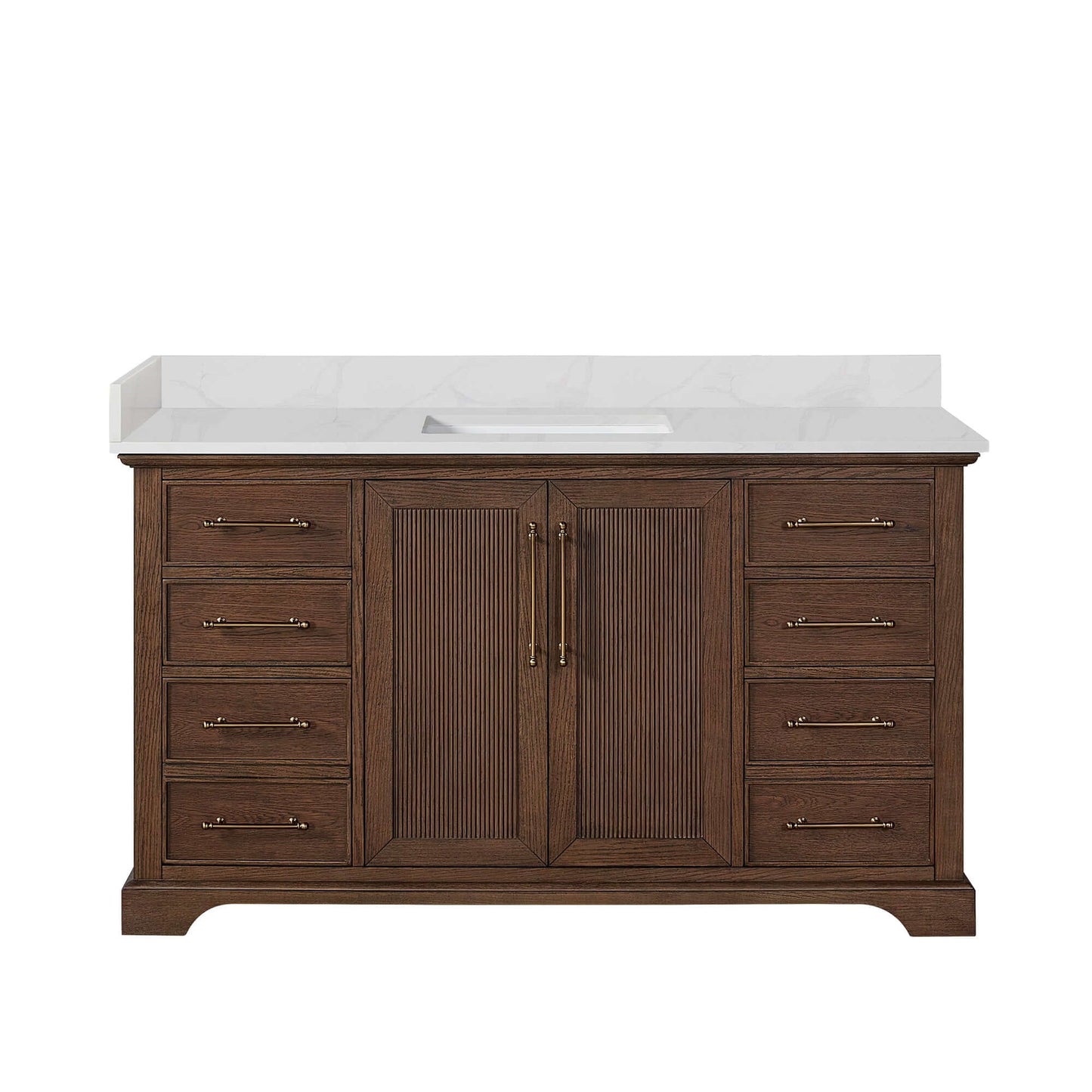 Vinnova, Tokyo 60" Freestanding Single Bath Vanity in Aged Dark Brown Oak with Silk White Quartz Stone Top, elegant bathroom vanity