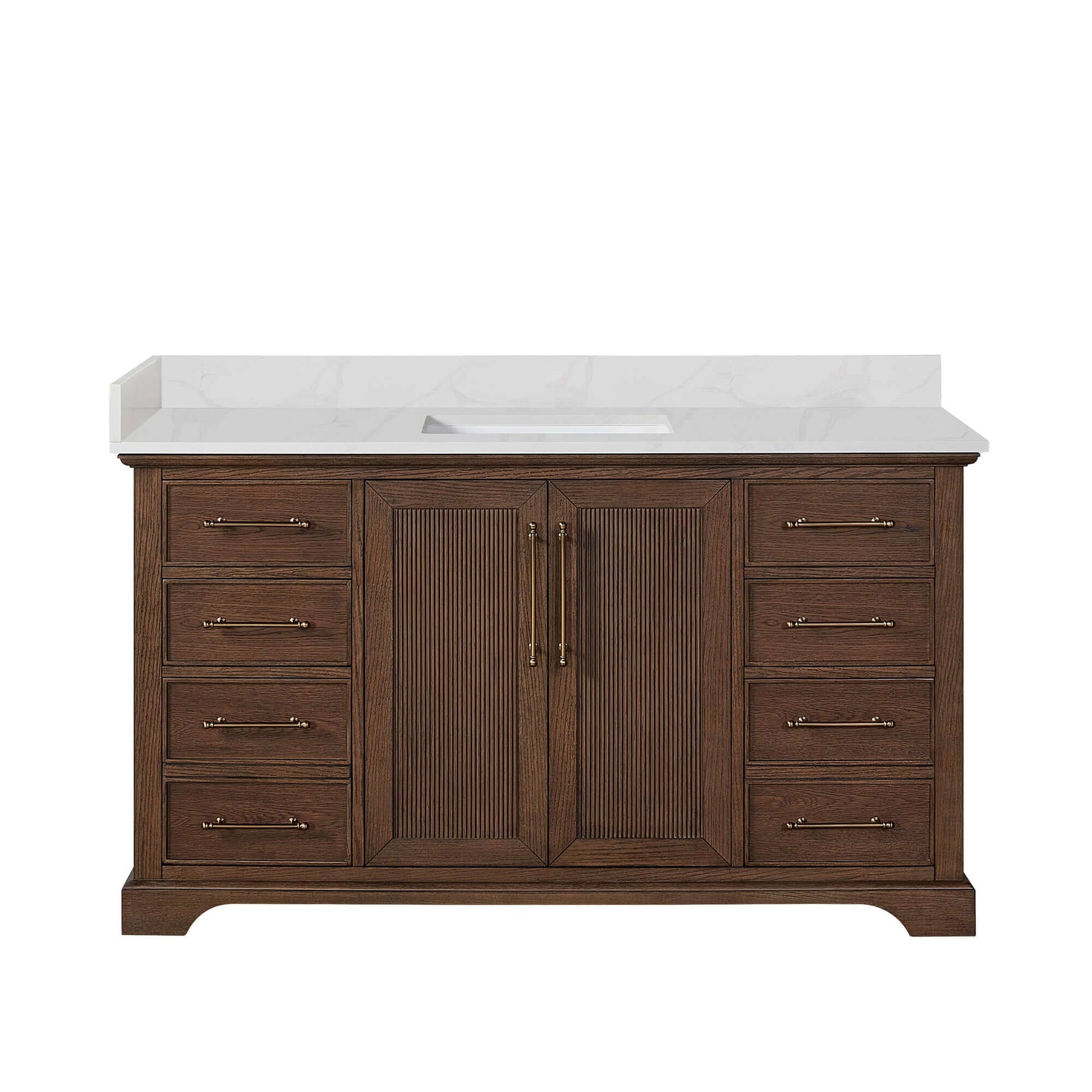 Vinnova, Tokyo 60" Freestanding Single Bath Vanity in Aged Dark Brown Oak with Silk White Quartz Stone Top, elegant bathroom vanity