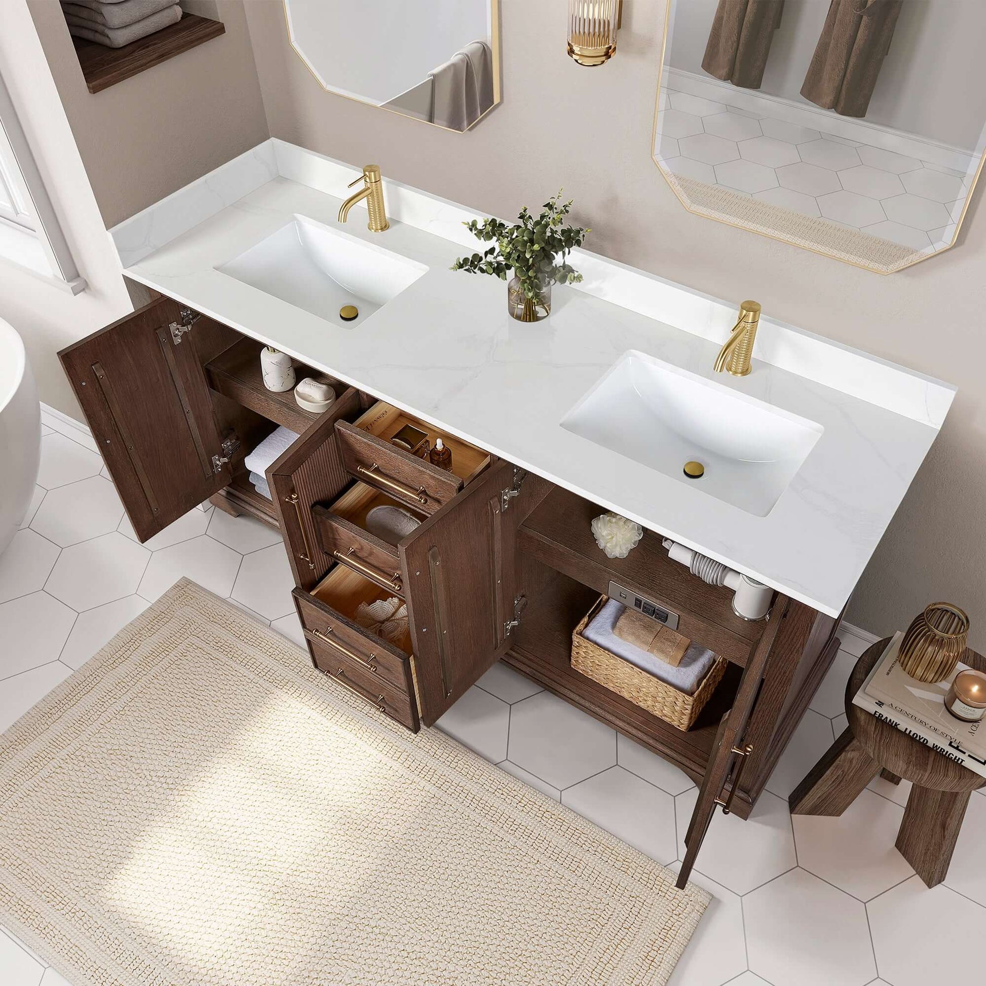 Vinnova, Tokyo 72" Freestanding Double Bath Vanity in Aged Dark Brown Oak with Silk White Quartz Stone Top in bathroom setting