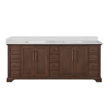 Vinnova, Tokyo 84" Freestanding Double Bath Vanity in Aged Dark Brown Oak with Silk White Quartz Stone Top - bathroom vanity