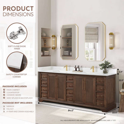 Vinnova, Tokyo 84" Freestanding Double Bath Vanity in Aged Dark Brown Oak with Silk White Quartz Stone Top in bathroom display.