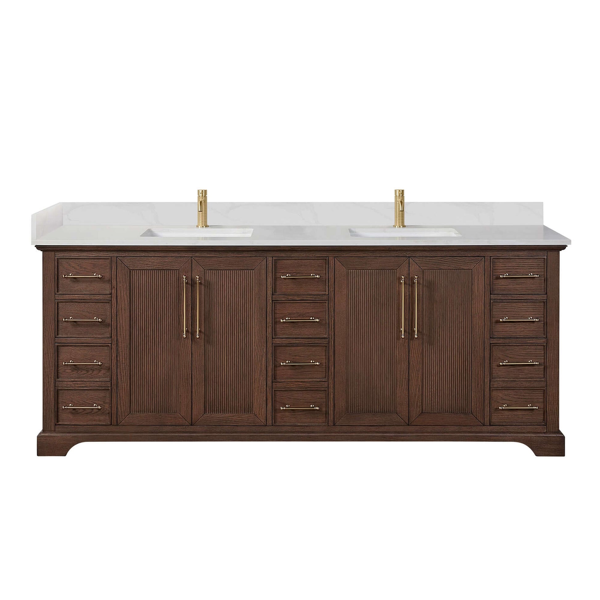 Vinnova, Tokyo 84" Freestanding Double Bath Vanity in Aged Dark Brown Oak with Silk White Quartz Stone Top, bathroom vanity.