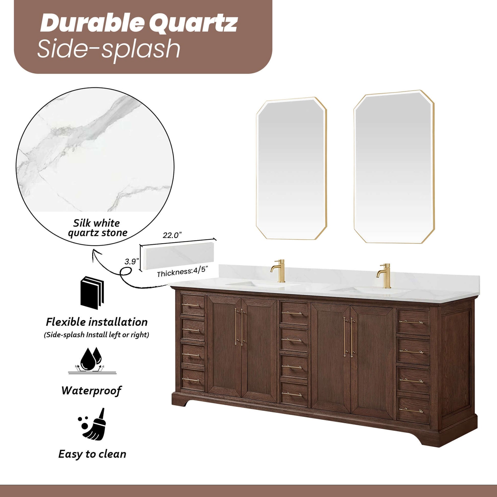 Vinnova, Tokyo 84" Freestanding Double Bath Vanity in Aged Dark Brown Oak with Silk White Quartz Stone Top features and benefits