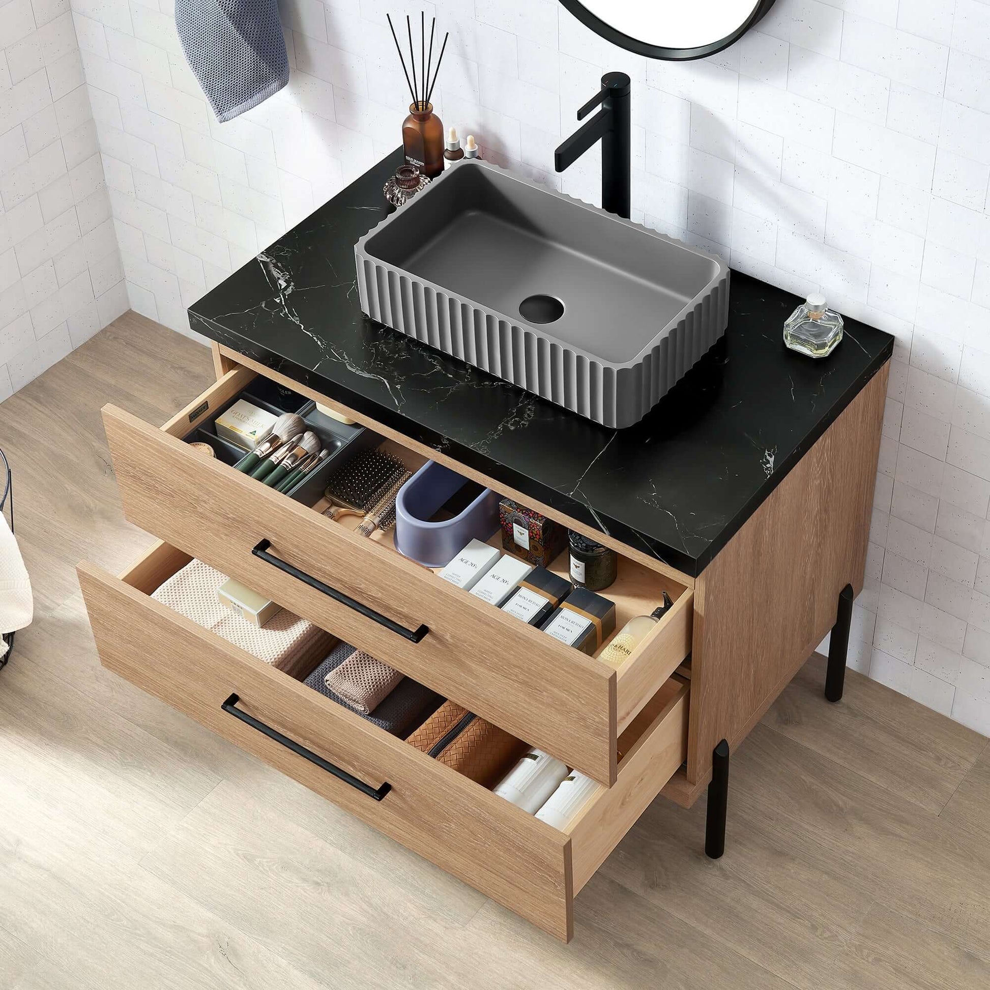 Vinnova, Trento 36A" Single Sink Bath Vanity in North American Oak with Black Sintered Stone Top with Concrete Sink, open drawers