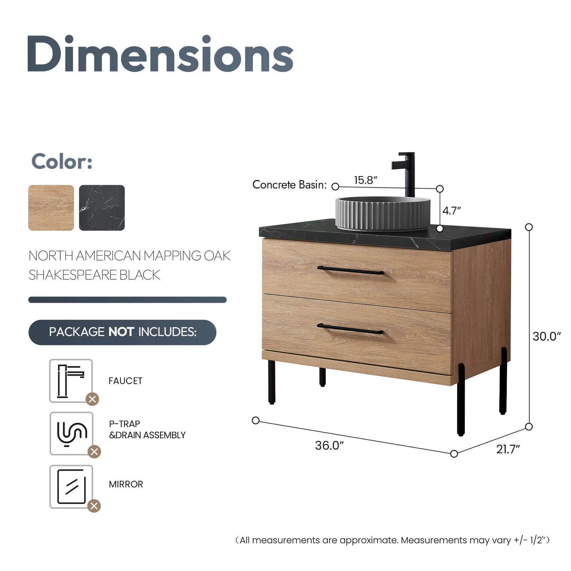 Vinnova, Trento 36B" Single Sink Bath Vanity in North American Oak with Black Sintered Stone Top with Concrete Sink dimensions diagram