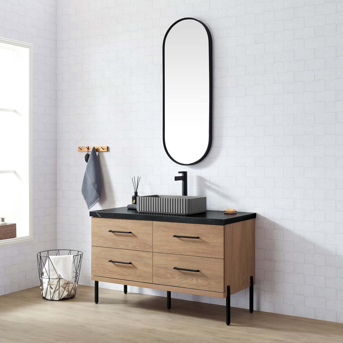 Vinnova, Trento 48A" Single Sink Bath Vanity in North American Oak with Black Sintered Stone Top with Concrete Sink in modern bathroom.