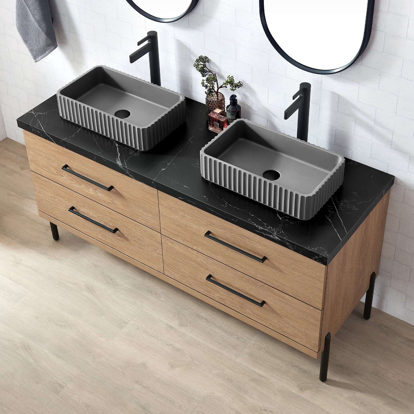 Vinnova, Trento 60A" Double Sink Bath Vanity in North American Oak with Black Sintered Stone Top with Concrete Sink in bathroom setting