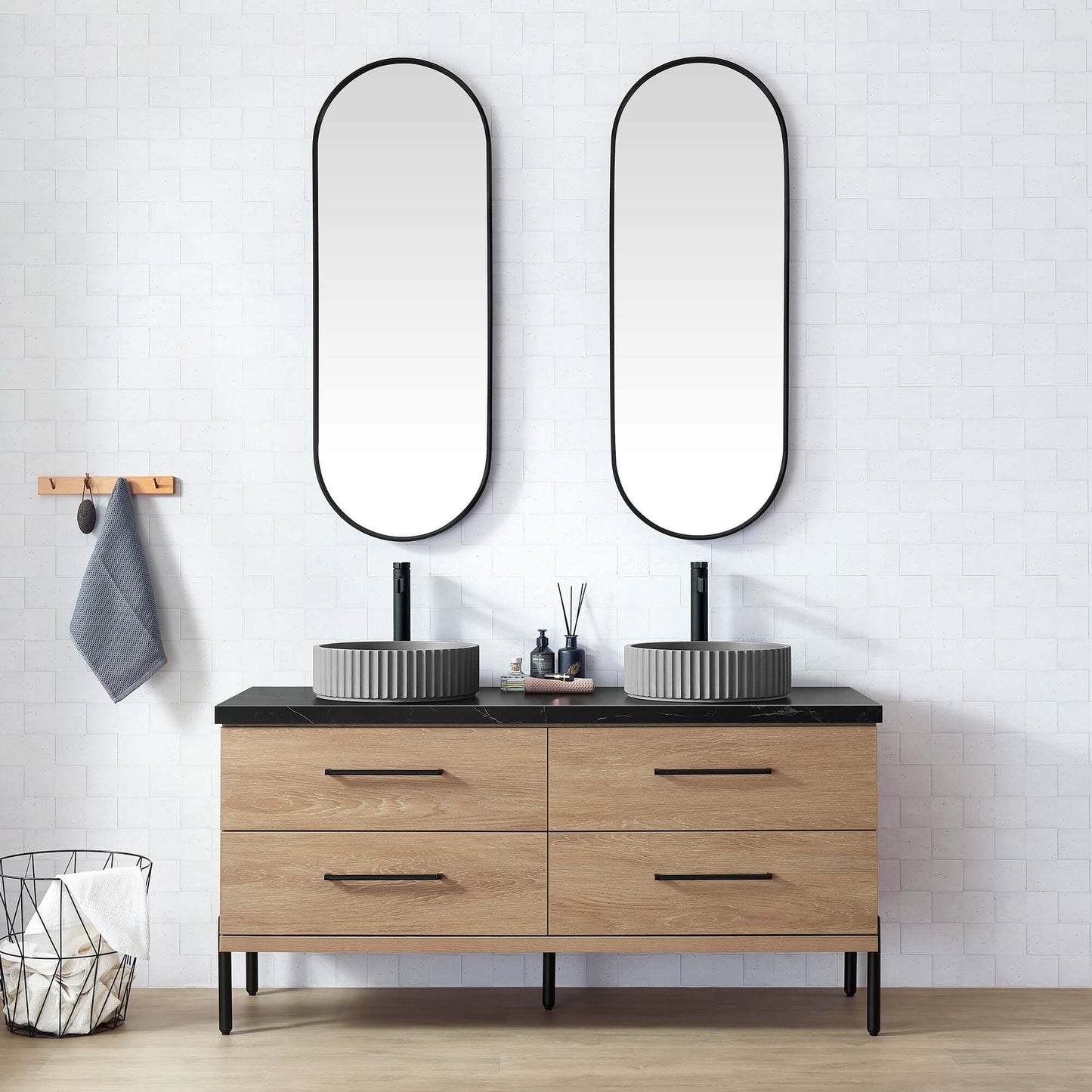 Vinnova, Trento 60B" Double Sink Bath Vanity in North American Oak with Black Sintered Stone Top with Concrete Sink in bathroom