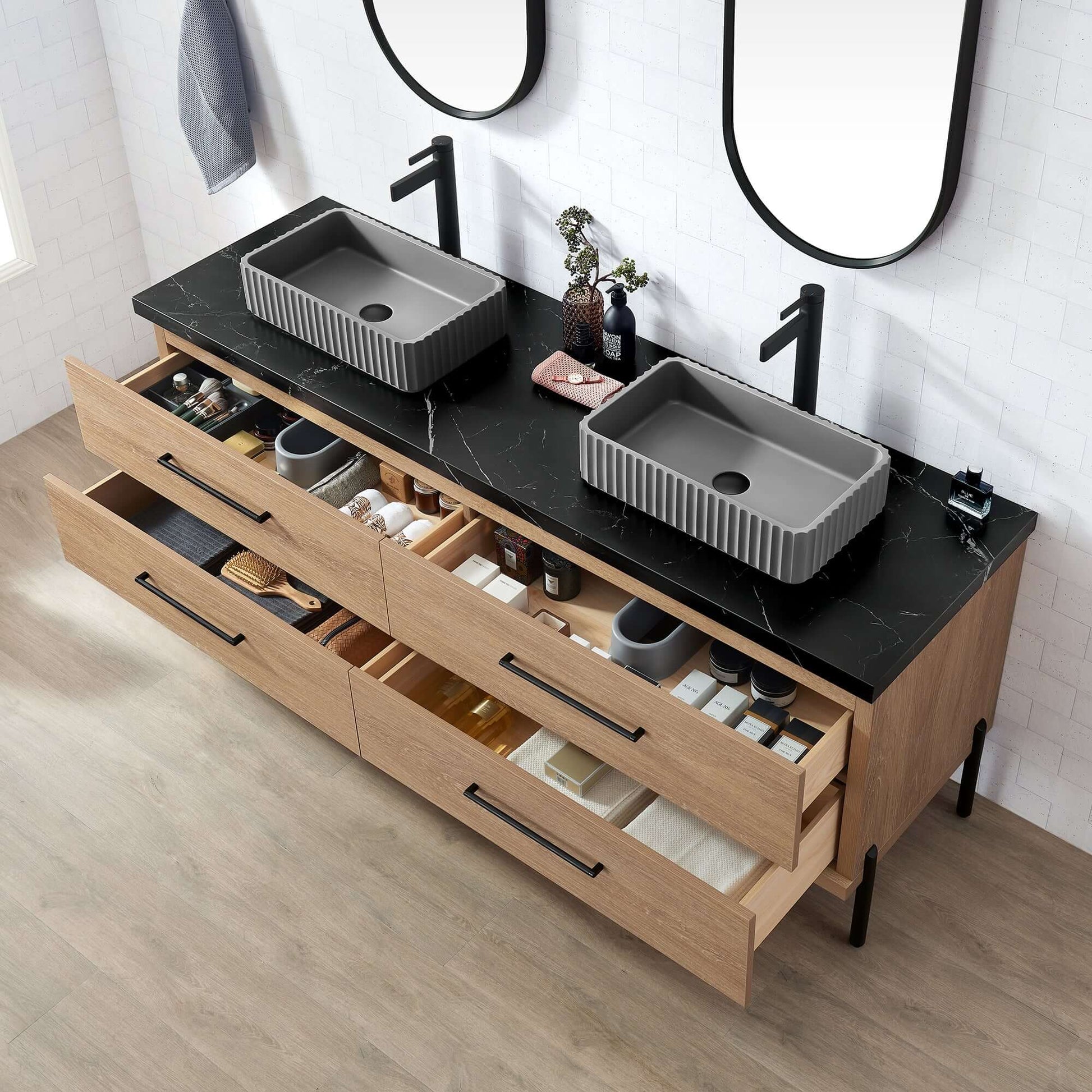 Vinnova, Trento 72A" Double Sink Bath Vanity in North American Oak with Black Sintered Stone Top with Concrete Sink and Mirror