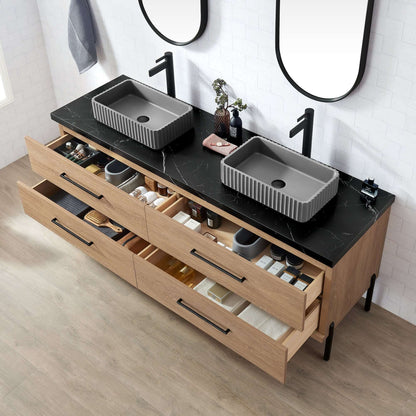 Vinnova, Trento 72A" Double Sink Bath Vanity in North American Oak with Black Sintered Stone Top with Concrete Sink and Mirror