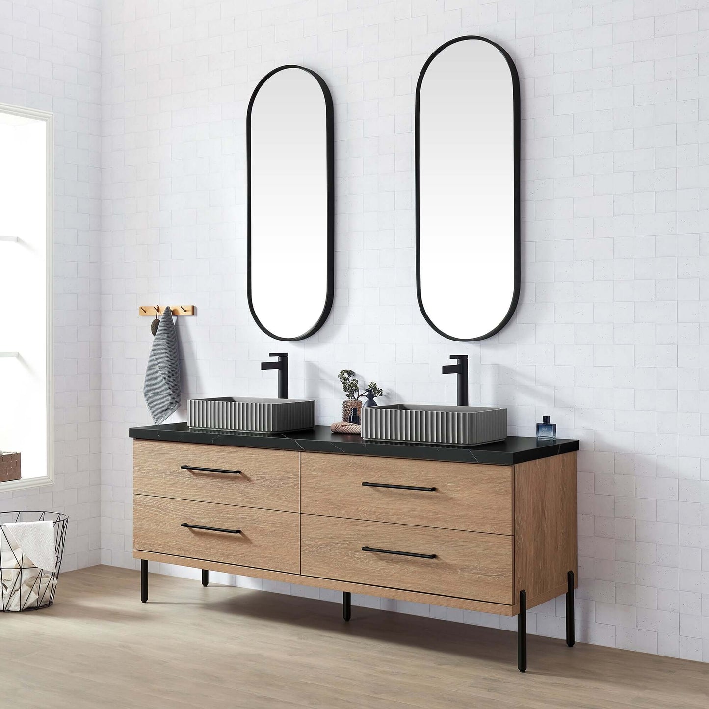 Vinnova, Trento 72A" Double Sink Bath Vanity in North American Oak with Black Sintered Stone Top with Concrete Sink displayed in bathroom