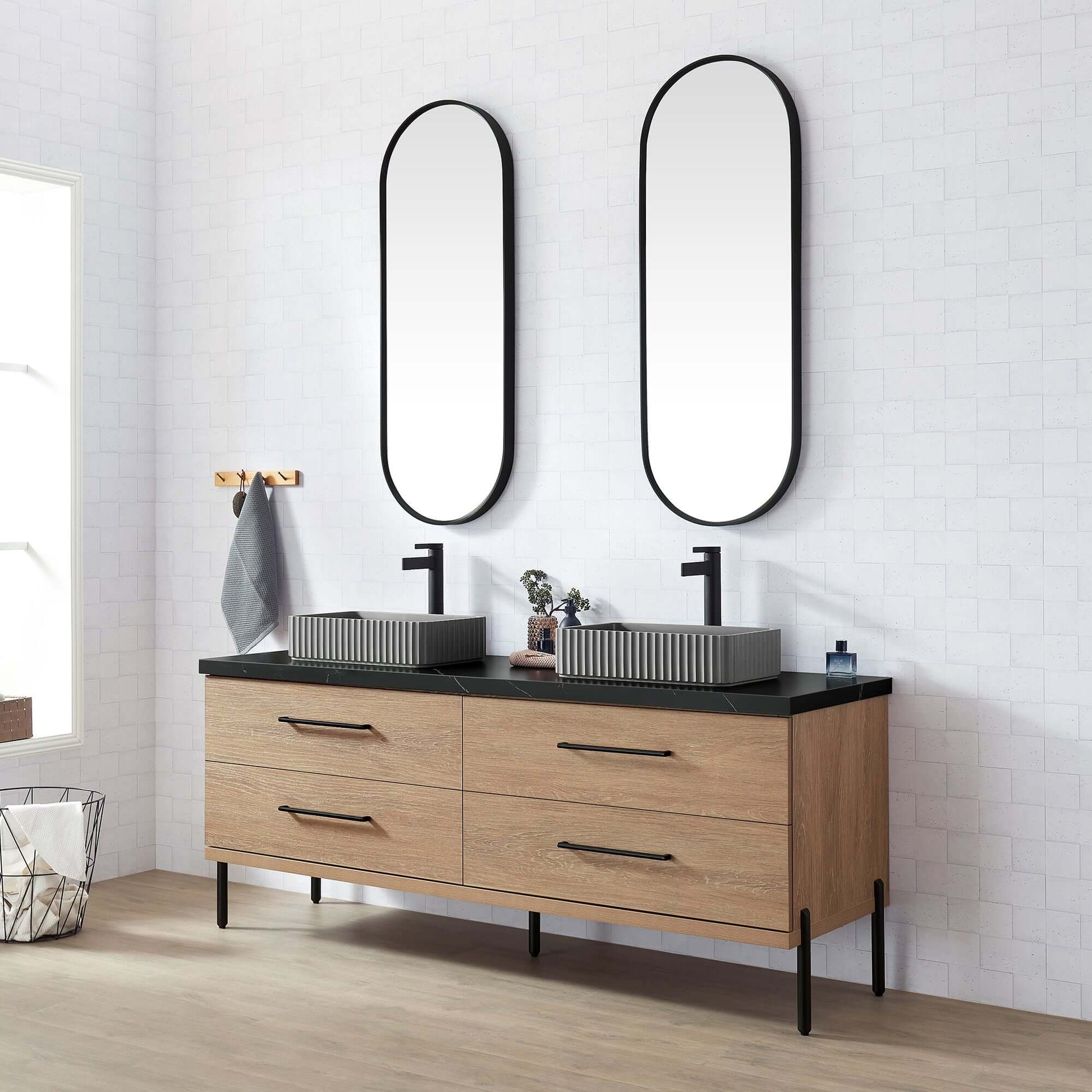 Vinnova, Trento 72A" Double Sink Bath Vanity in North American Oak with Black Sintered Stone Top with Concrete Sink displayed in bathroom