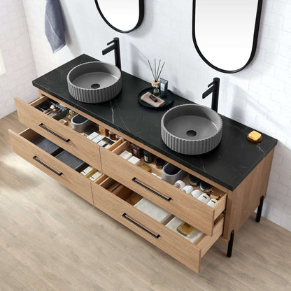 Vinnova, Trento 72B" Double Sink Bath Vanity in North American Oak with Black Sintered Stone Top with Concrete Sink and Mirror