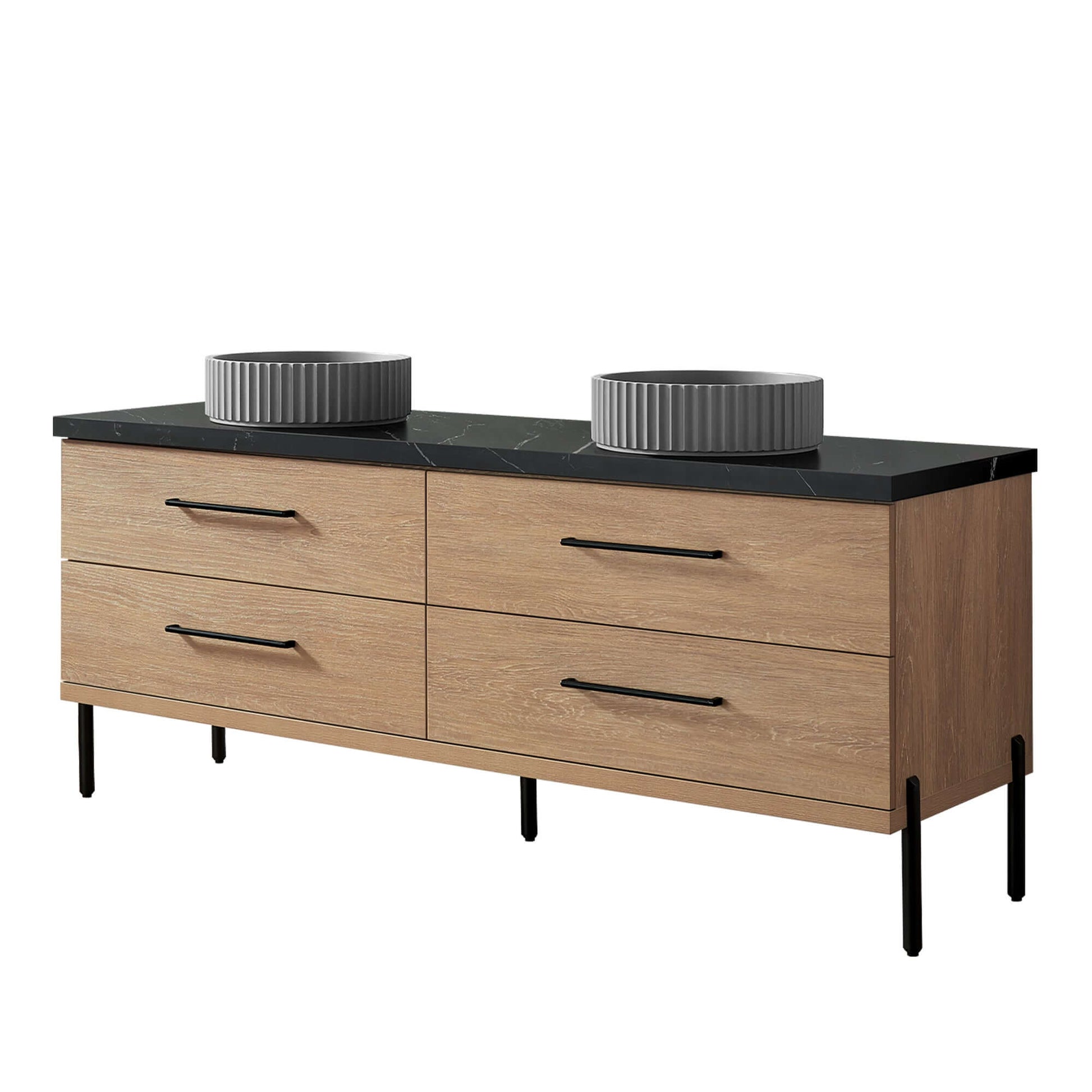 Vinnova, Trento 72B" Double Sink Bath Vanity in North American Oak with Black Sintered Stone Top with Concrete Sink in bathroom setting.