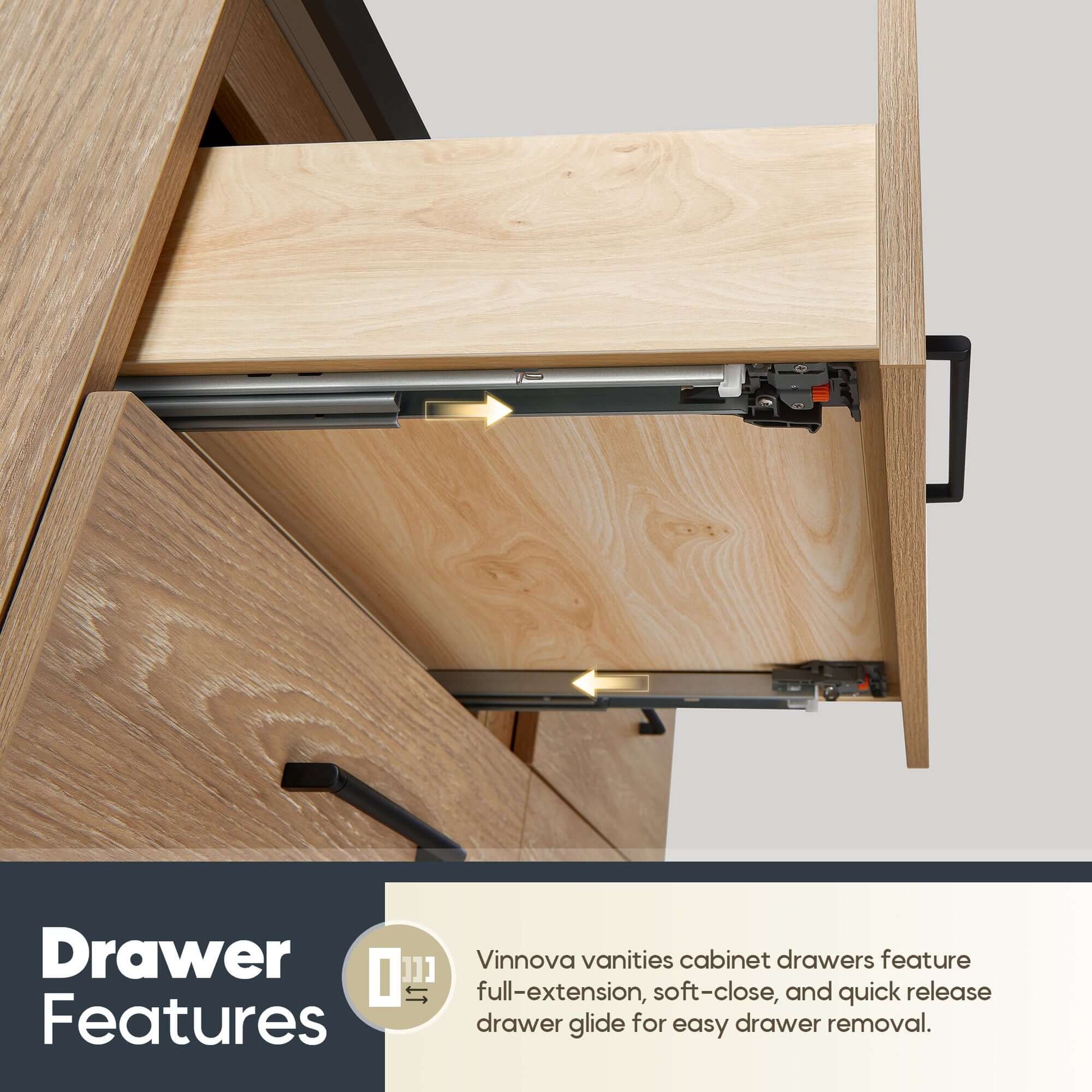 Drawer features of Vinnova, Trento 48A" Single Sink Bath Vanity in North American Oak with Black Sintered Stone Top with Concrete Sink