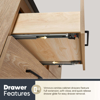 Drawer features of Vinnova, Trento 48A" Single Sink Bath Vanity in North American Oak with Black Sintered Stone Top with Concrete Sink