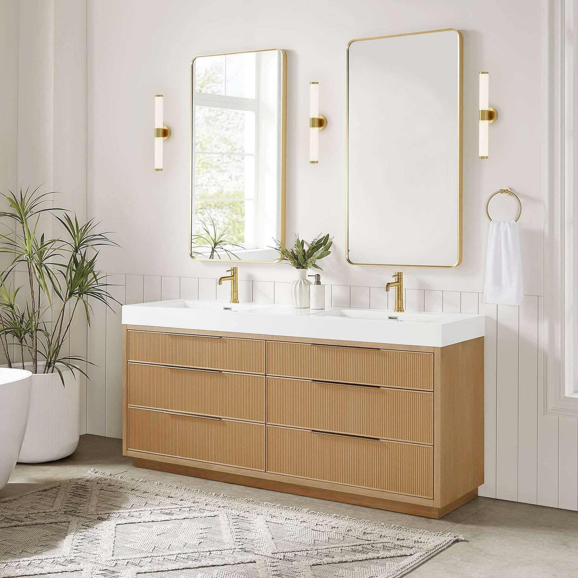 Vinnova, Hohhot 72" Free-standing Double Bath Vanity in Washed Ash Grey with White Integrated Stone Sink Top in modern bathroom setting