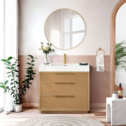 Vinnova, Hohhot 36" Free-standing Single Bath Vanity in Washed Ash Grey with White Integrated Stone Sink Top. Elegant bathroom decor.